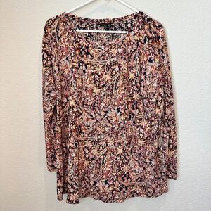 Lucky Brand Pink Black Floral Paisley Scoop Neck Boho Blouse - Size 1X - EUC